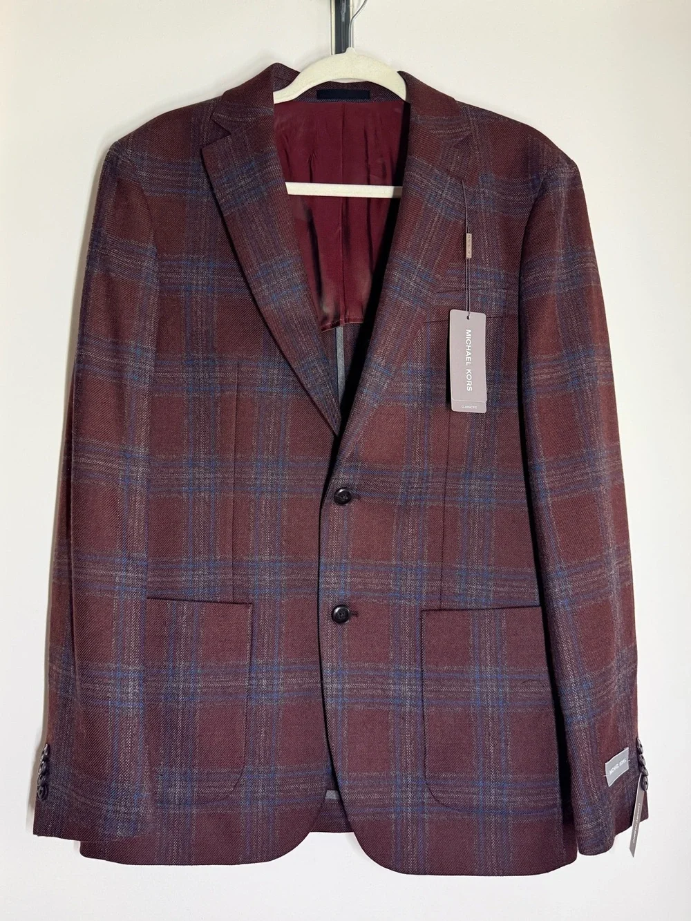 Michael Kors Men's Classic Fit Plaid Sport Coat in Brick/Blue